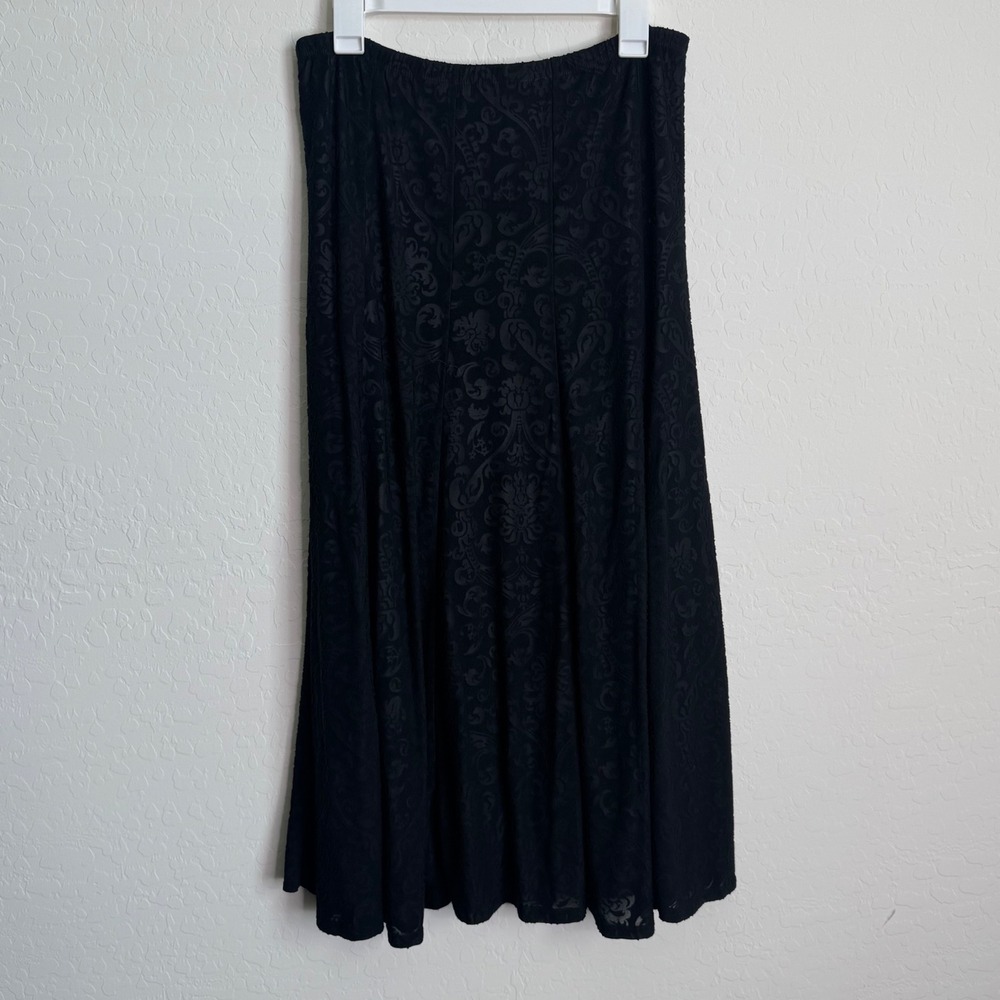 Chicos‎ Black Damask Burnout Midi Skirt Elastic Waist Lined Sz L USA Whimsigoth